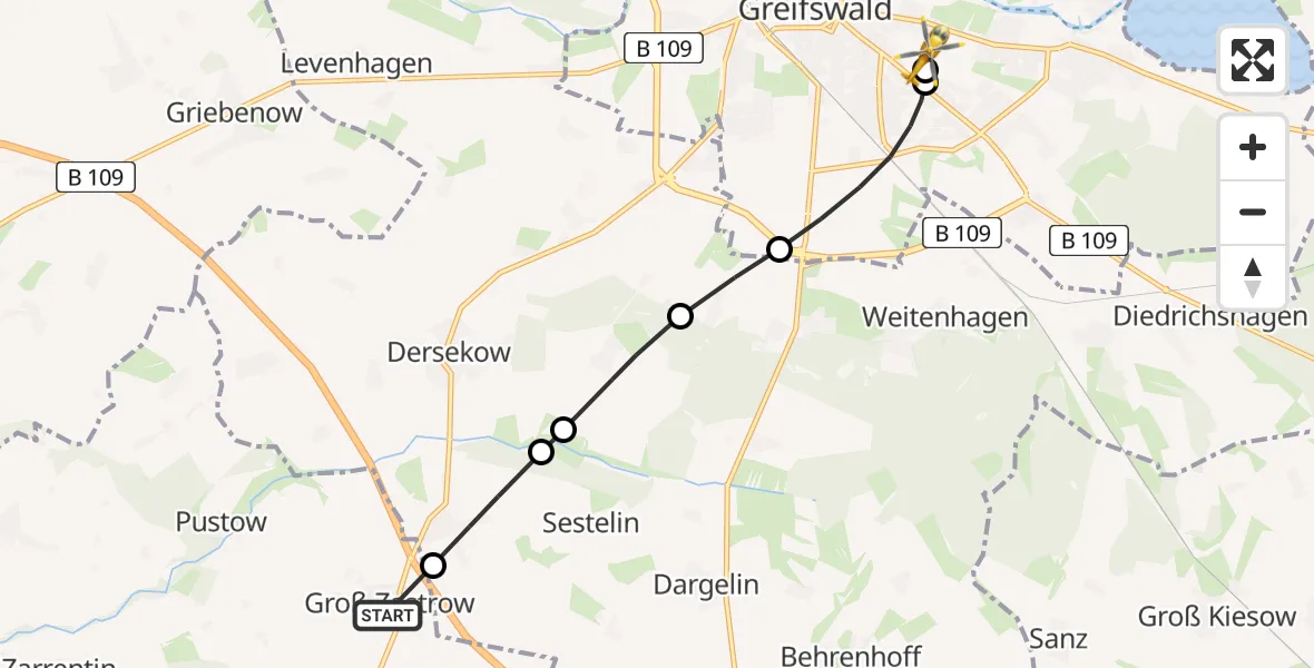 Flugroute Rettungshubschrauber Görmin - Greifswald Hospital, 28 April 2026, 15:13