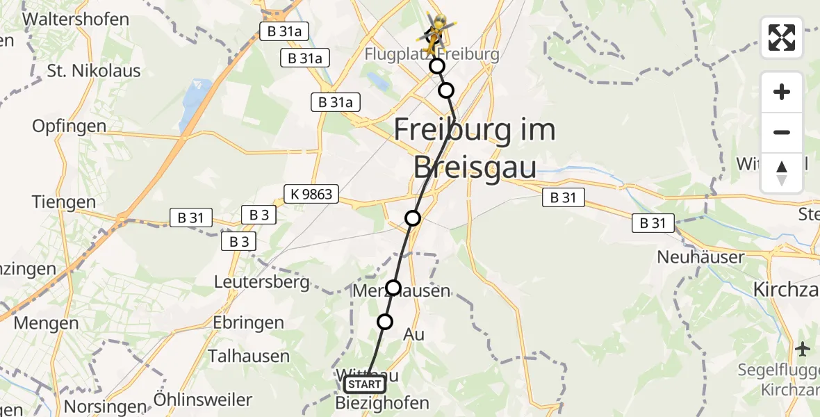 Flugroute Rettungshubschrauber Wittnau - Freiburg im Breisgau Flugplatz, 28 April 2026, 15:16