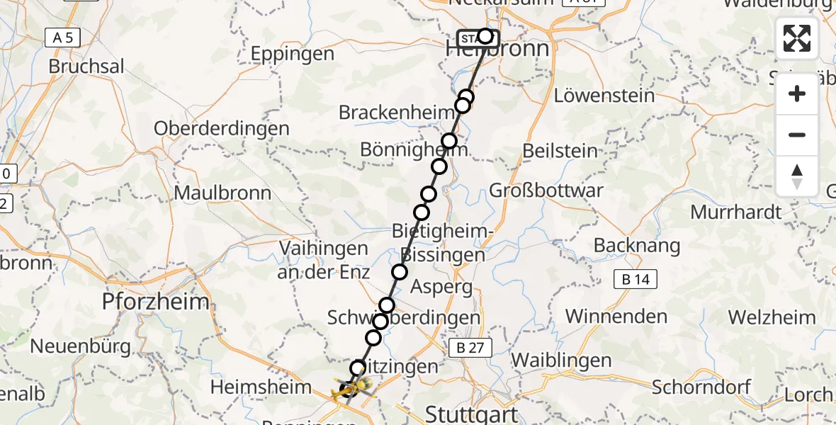 Flugroute Rettungshubschrauber Heilbronn Hospital - Leonberg Hospital, 28 April 2026, 15:20