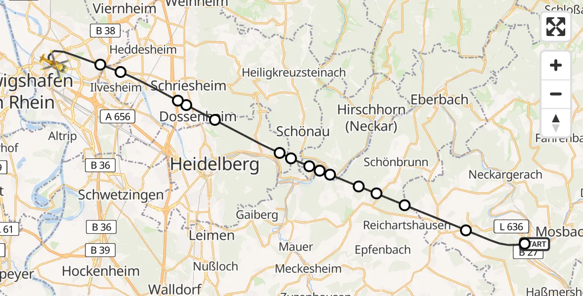Flugroute Rettungshubschrauber Mosbach - Mannheim, 28 April 2026, 15:22