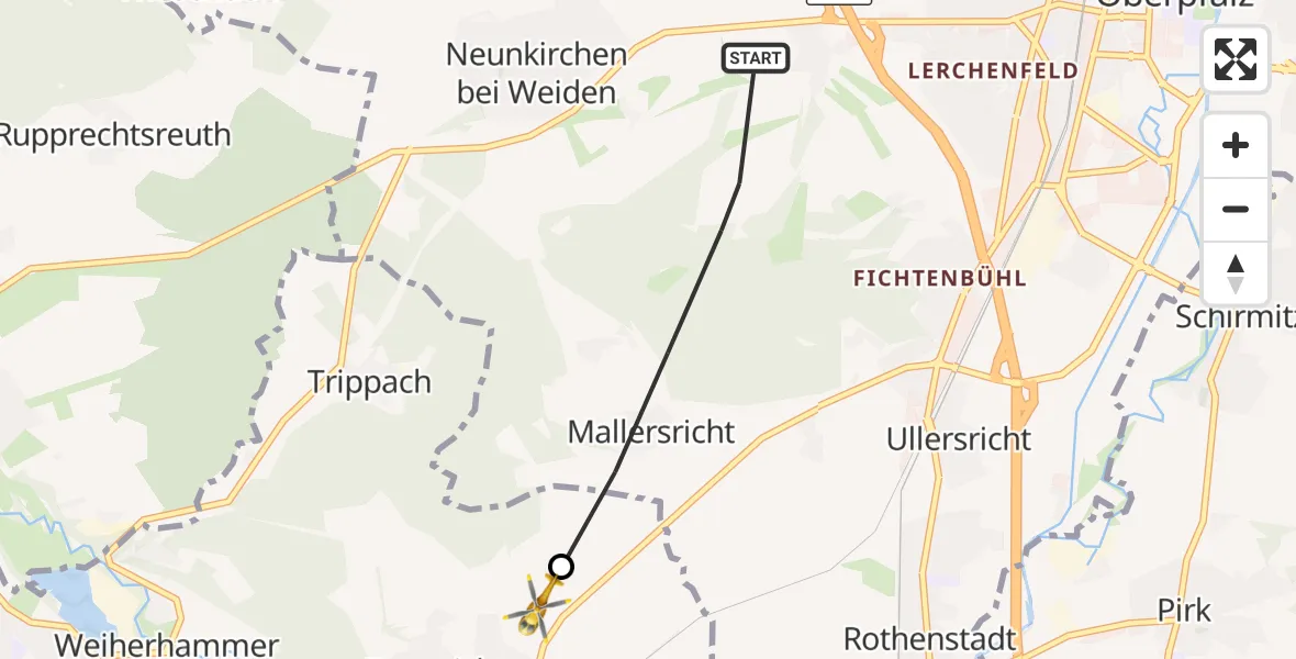 Flugroute Rettungshubschrauber Weiden i.d.OPf. - Etzenricht, 28 April 2026, 15:30