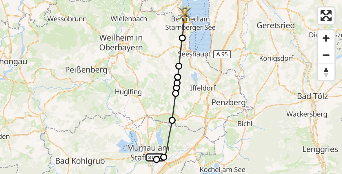 Flugroute Rettungshubschrauber Murnau Accident Hospital - Bernried am Starnberger See, 28 April 2026, 15:32