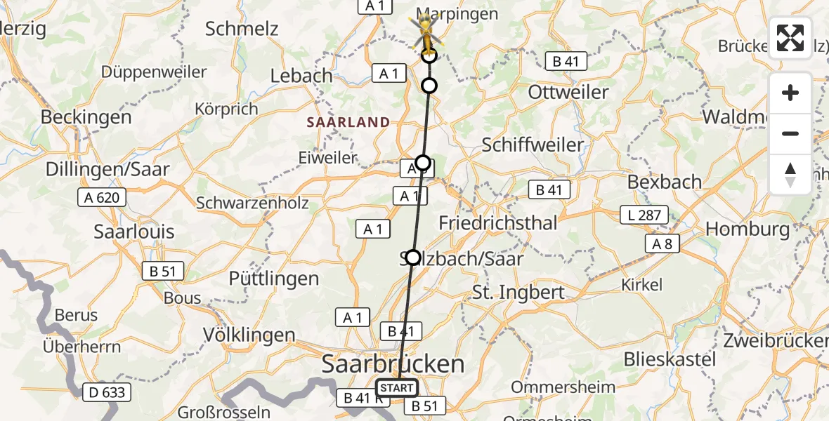 Flugroute Rettungshubschrauber Saarbrücken - Marpingen, 28 April 2026, 15:32