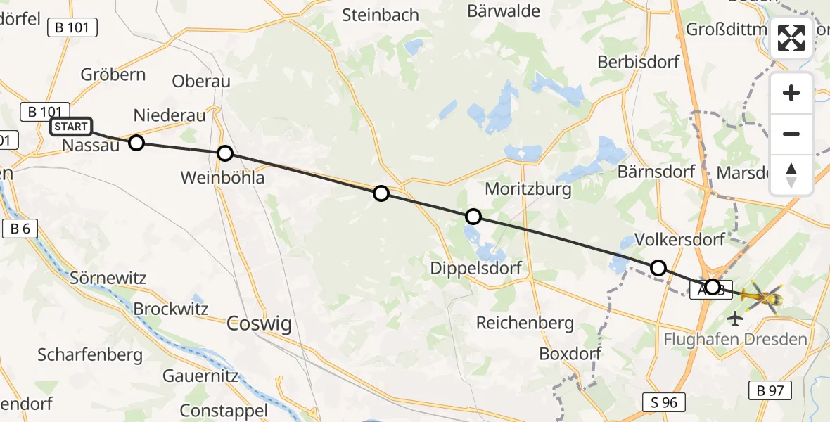 Flugroute Rettungshubschrauber Meißen - Dresden Bundespolizei Hubschrauberlandeplatz, 28 April 2026, 15:37