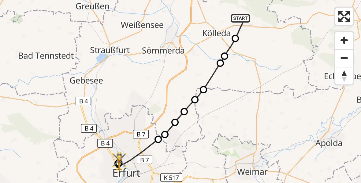 Flugroute Rettungshubschrauber Kölleda - Helios Clinic Erfurt, 28 April 2026, 15:40