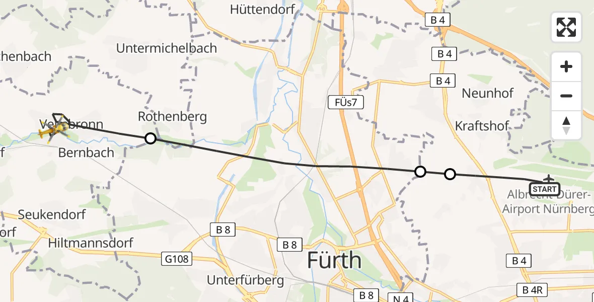 Flugroute Rettungshubschrauber Flughafen Nuremberg - Veitsbronn, 28 April 2026, 16:00