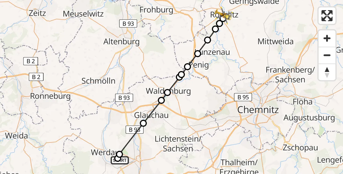 Flugroute Rettungshubschrauber ADAC Air Rescue Station Zwickau Hubschrauberlandeplatz - Rochlitz, 28 April 2026, 16:04