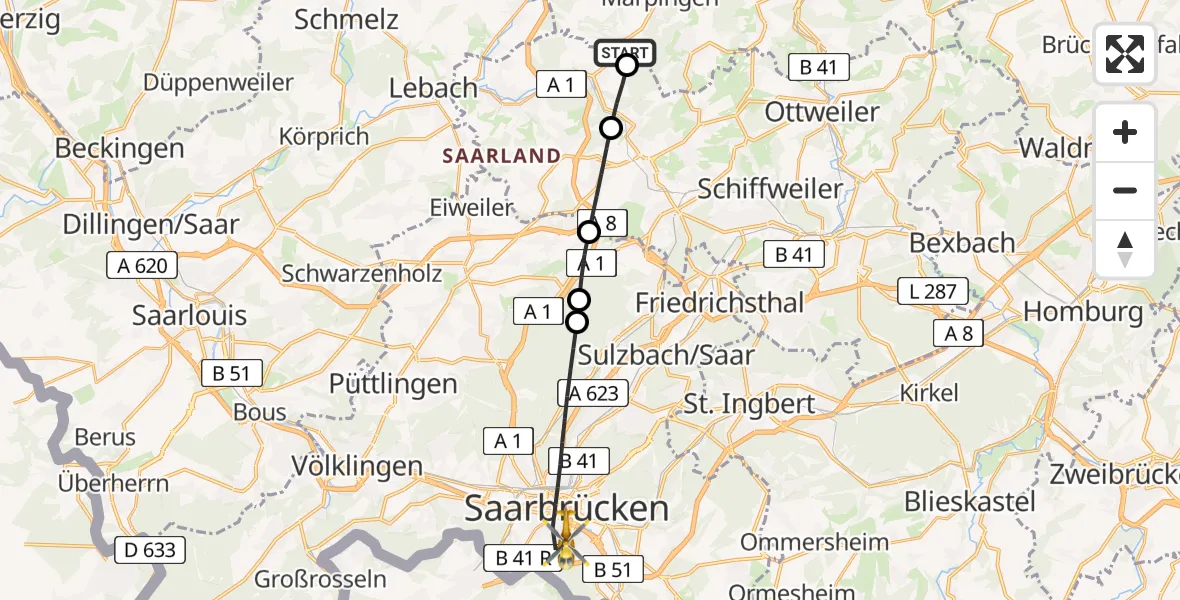 Flugroute Rettungshubschrauber Marpingen - Saarbrücken, 28 April 2026, 16:07