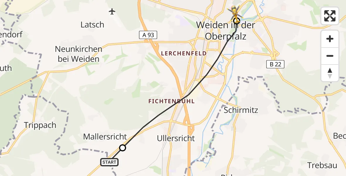 Flugroute Rettungshubschrauber Etzenricht - Weiden Hospital Hubschrauberlandeplatz, 28 April 2026, 16:11