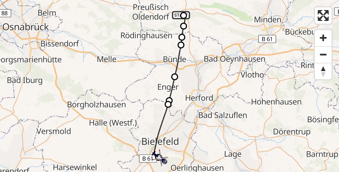 Flugroute Polizeihubschrauber Lübbecke Hospital - Luftrettungszentrum Bielefeld, 28 April 2026, 16:13
