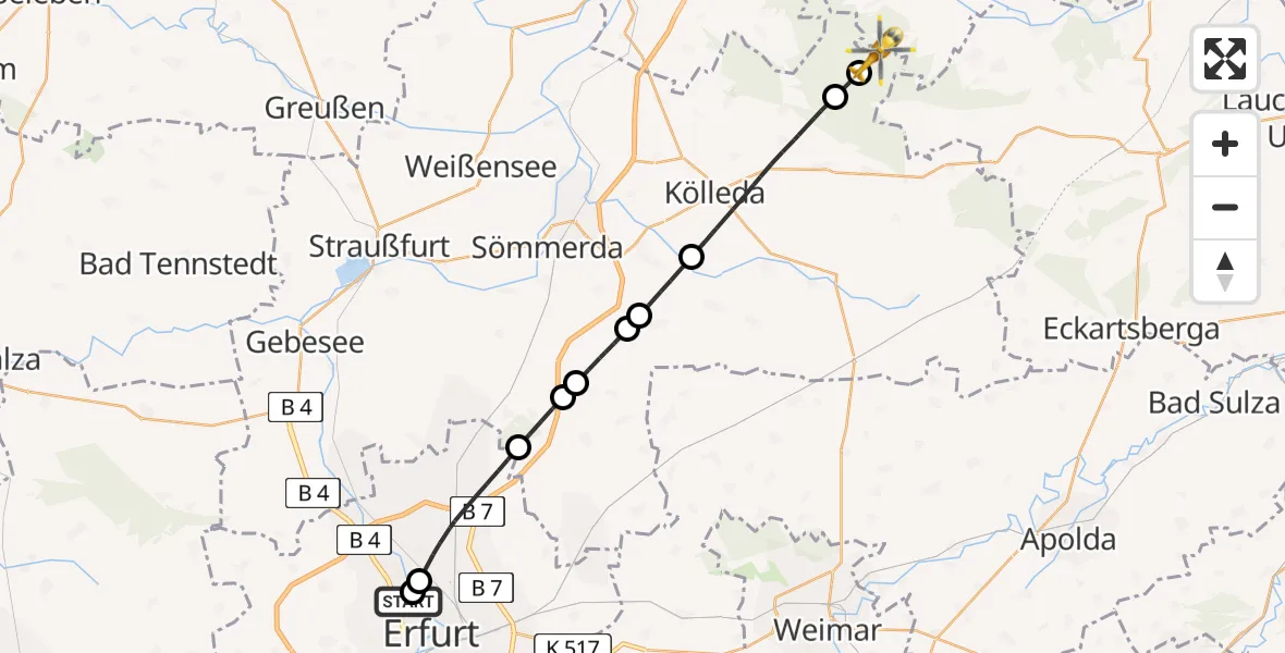 Flugroute Rettungshubschrauber Helios Clinic Erfurt - Kölleda, 28 April 2026, 16:19