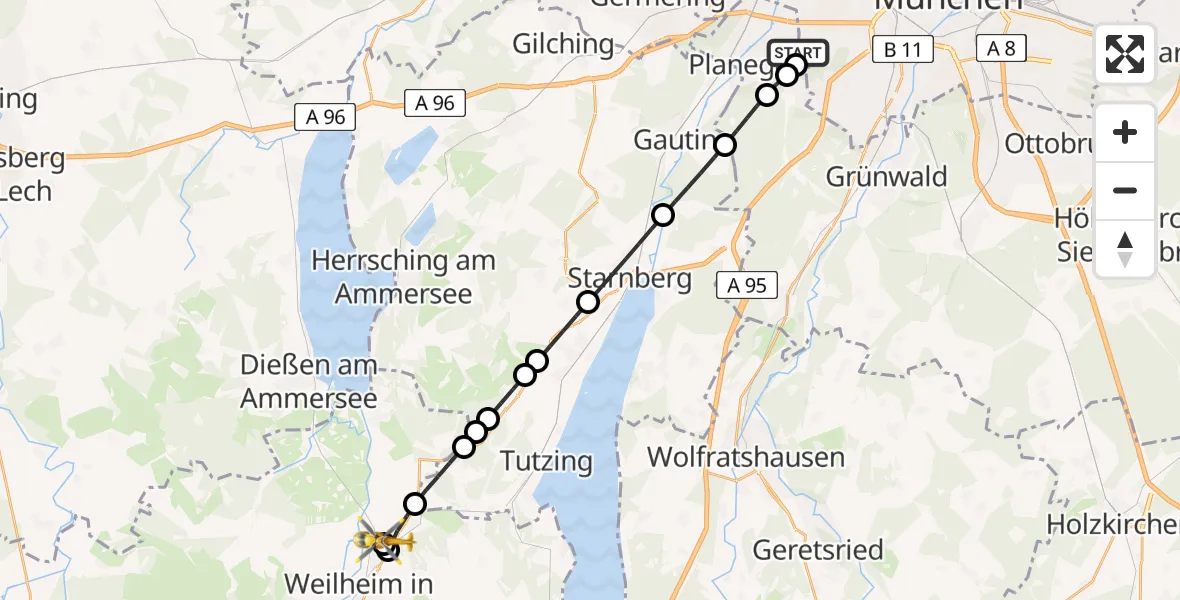 Flugroute Rettungshubschrauber DRF Air Rescue München Hubschrauberlandeplatz - Wielenbach, 28 April 2026, 16:20