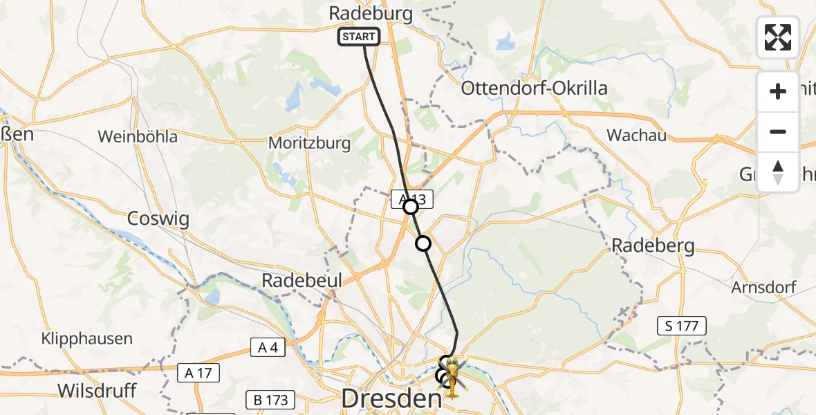 Flugroute Rettungshubschrauber Radeburg - Dresden University Hospital, 28 April 2026, 16:25