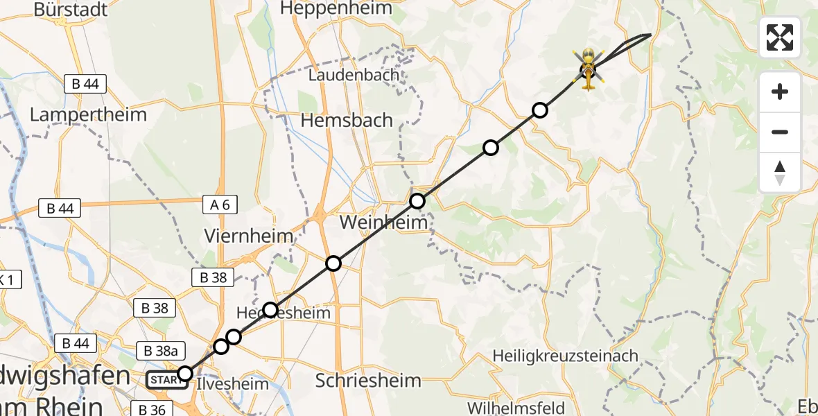 Flugroute Rettungshubschrauber Mannheim-City Flughafen - Grasellenbach, 28 April 2026, 16:26