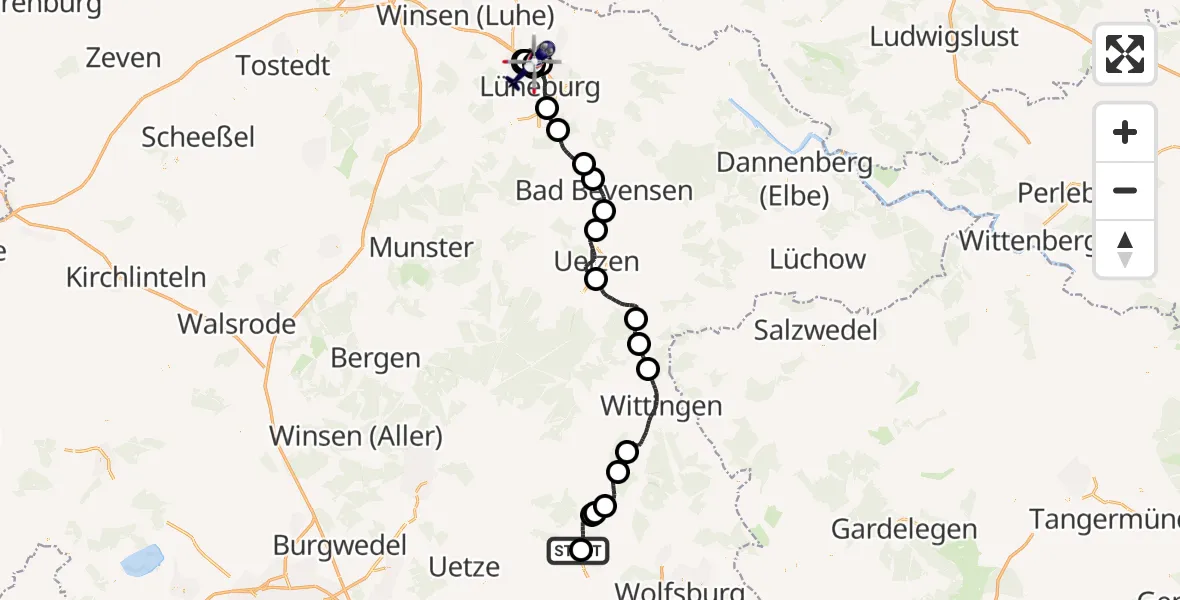 Flugroute Polizeihubschrauber Gifhorn Bundespolizei Hubschrauberlandeplatz - Lüneburg, 28 April 2026, 16:58