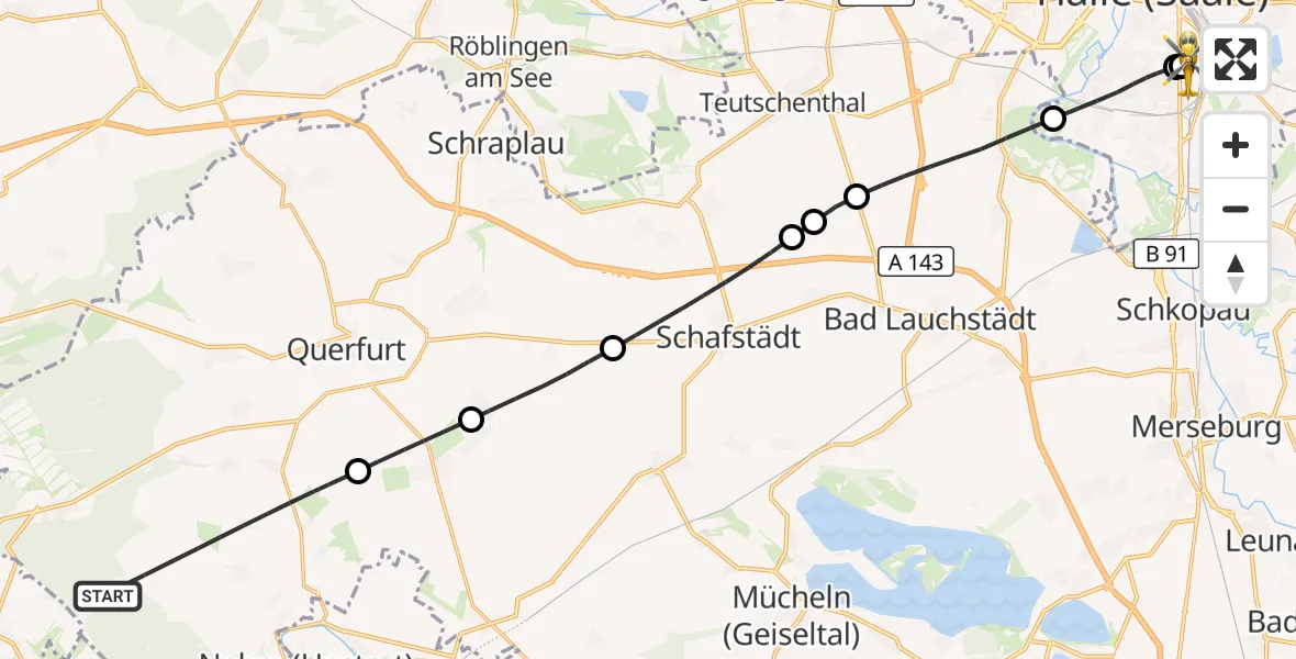 Flugroute Rettungshubschrauber Querfurt - BG Hospital Bergmannstrost Halle, 28 April 2026, 17:04