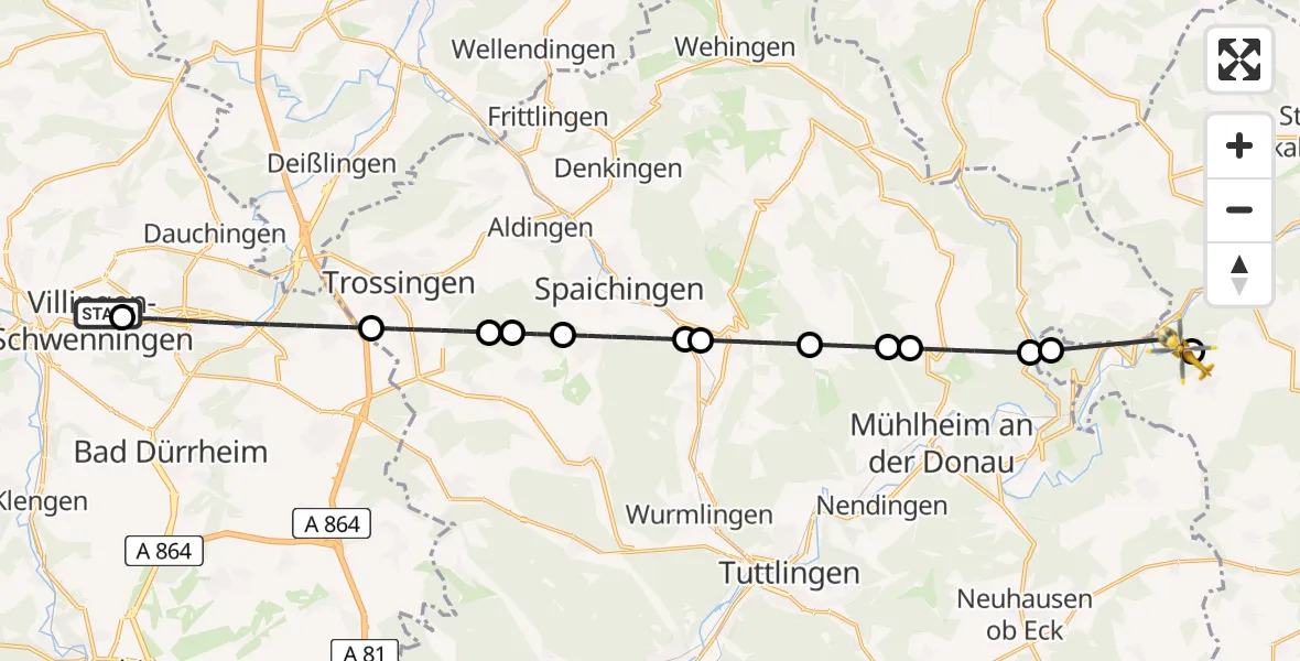Flugroute Rettungshubschrauber DRF Air Rescue Station Villingen-Schwenningen Hubschrauberlandeplatz (Christoph 11) - Leibertingen, 28 April 2026, 17:04