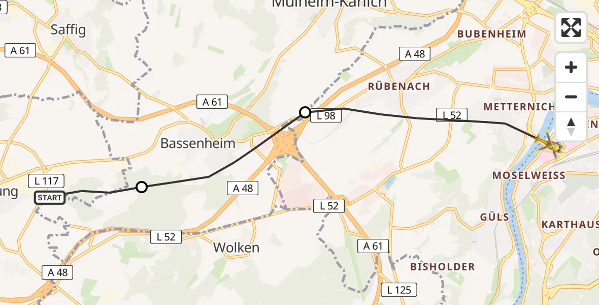 Flugroute Rettungshubschrauber Ochtendung - Kemperhof Koblenz Klinikum Hubschrauberlandeplatz, 28 April 2026, 17:06