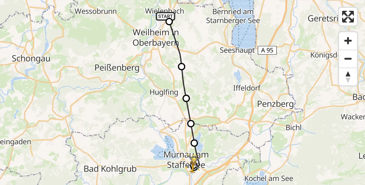 Flugroute Rettungshubschrauber Wielenbach - Murnau Accident Hospital, 28 April 2026, 17:09