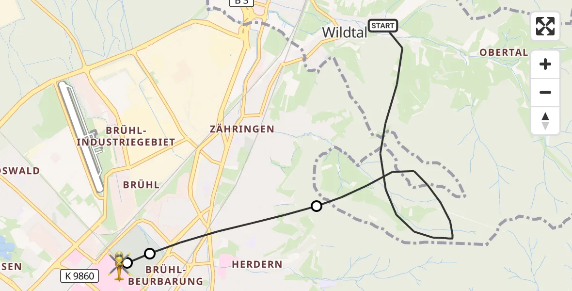 Flugroute Rettungshubschrauber Gundelfingen - Freiburg University Hospital Heliport 1, 28 April 2026, 17:12