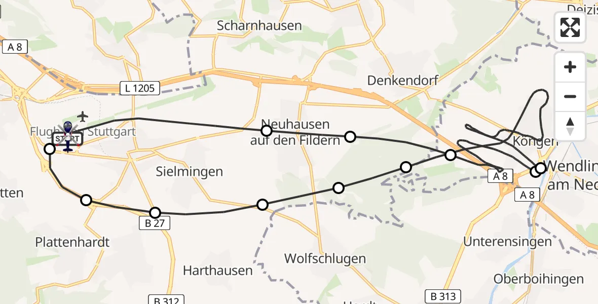 Flugroute Polizeihubschrauber Flughafen Stuttgart - Flughafen Stuttgart, 28 April 2026, 17:32