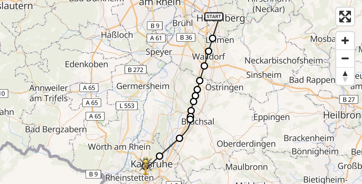 Flugroute Rettungshubschrauber Heidelberg - Sankt Vincentius Hospital, 28 April 2026, 17:34