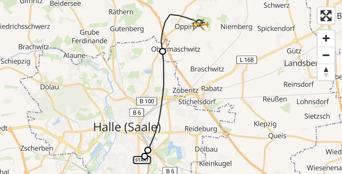 Flugroute Rettungshubschrauber BG Hospital Bergmannstrost Halle - Halle-Oppin Flugplatz, 28 April 2026, 17:33