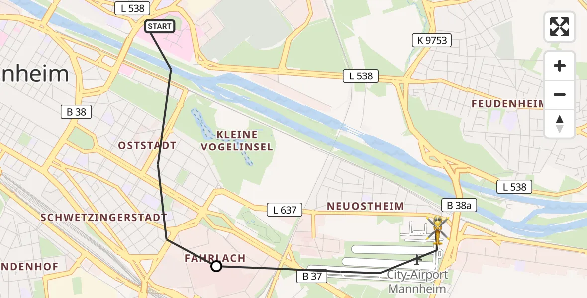 Flugroute Rettungshubschrauber Mannheim - Mannheim-City Flughafen, 28 April 2026, 17:36