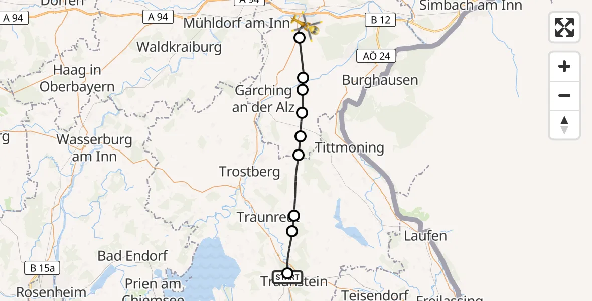 Flugroute Rettungshubschrauber Traunstein Hospital - Altötting-Burghausen District Hospital Altötting Hubschrauberlandeplatz, 28 April 2026, 17:37