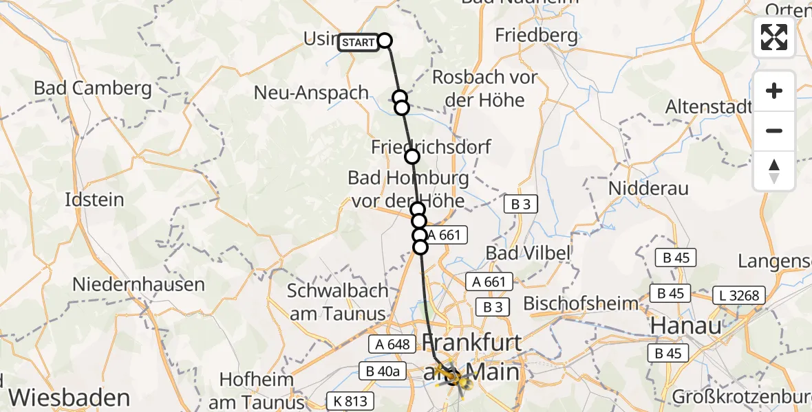 Flugroute Rettungshubschrauber Usingen - Frankfurt University Hospital, 28 April 2026, 17:39