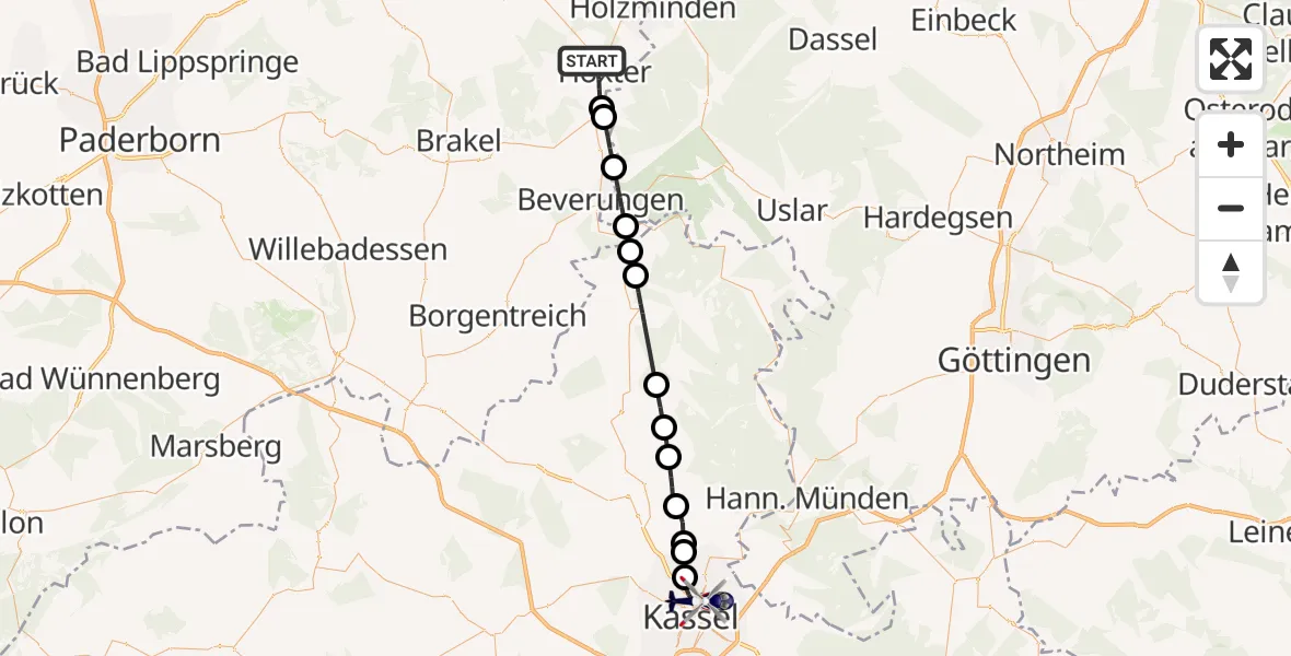 Flugroute Polizeihubschrauber Höxter - Kassel, 28 April 2026, 17:39