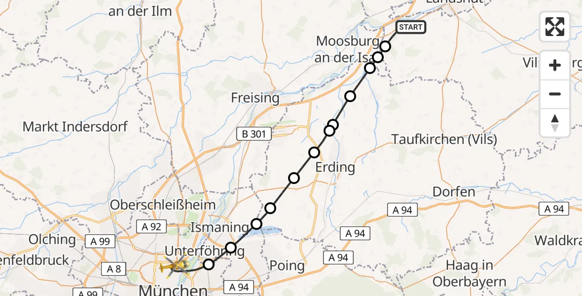 Flugroute Rettungshubschrauber Eching - München, 28 April 2026, 18:03
