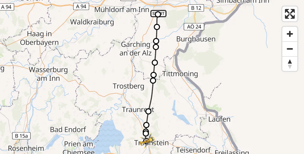 Flugroute Rettungshubschrauber Altötting-Burghausen District Hospital Altötting - Traunstein Hospital, 28 April 2026, 18:07