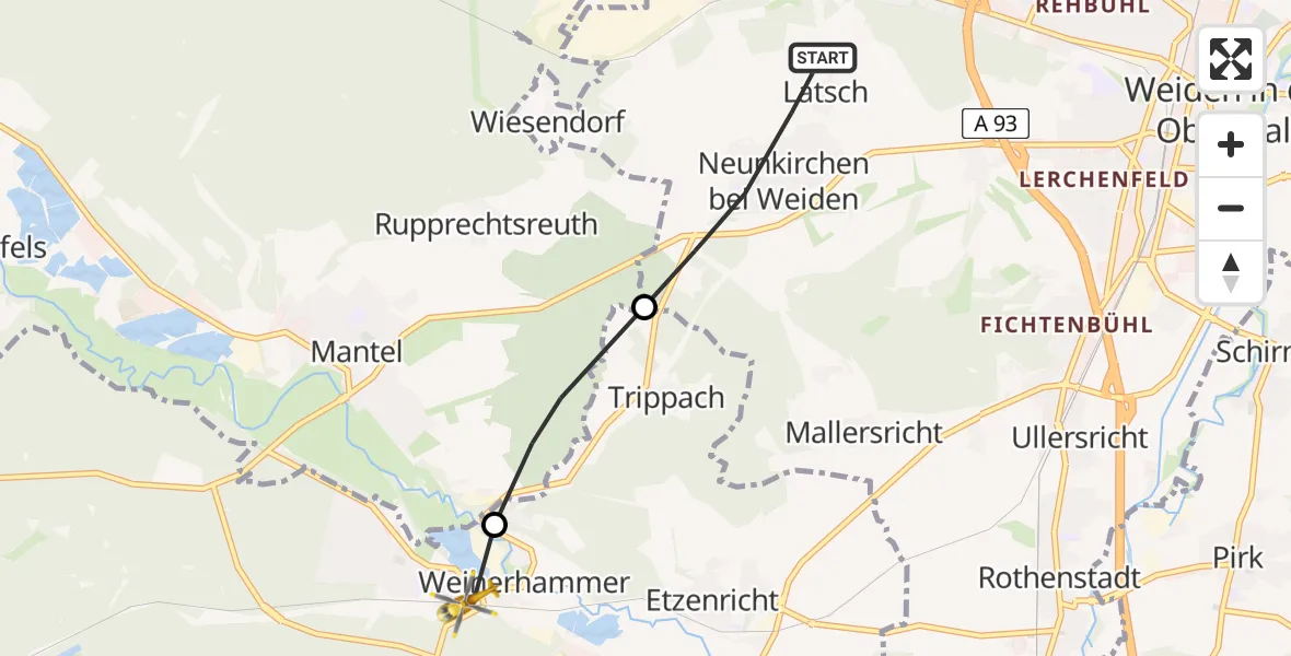 Flugroute Rettungshubschrauber Weiden i.d.OPf. - Weiherhammer, 28 April 2026, 18:22