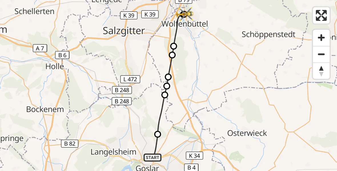 Flugroute Rettungshubschrauber Goslar - Wolfenbüttel Municipal Hospital Heliport (Christoph 30), 28 April 2026, 18:39