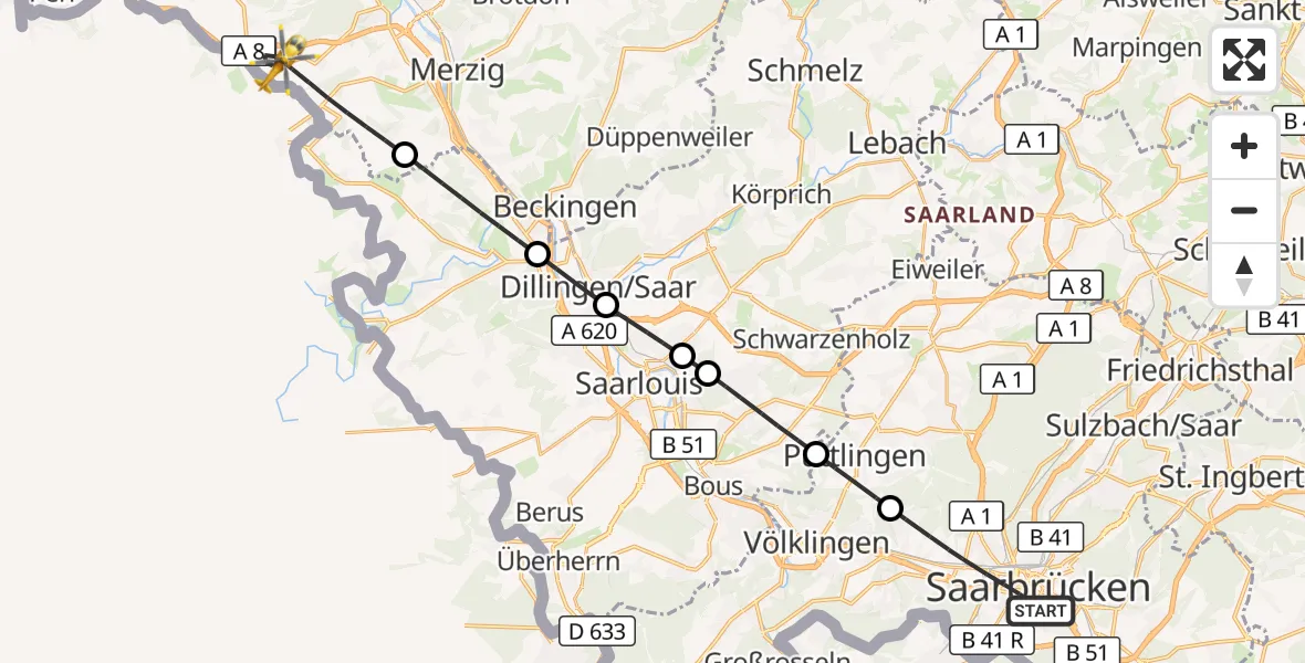 Flugroute Rettungshubschrauber Saarbrücken - Merzig, 28 April 2026, 18:39