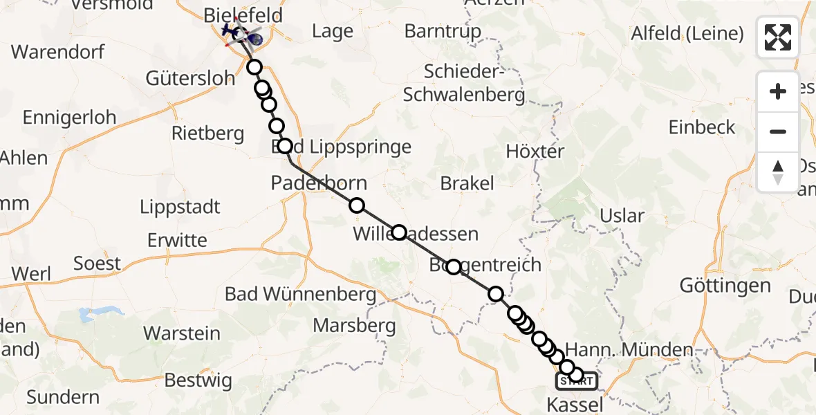 Flugroute Polizeihubschrauber Fuldatal Bundespolizei Hubschrauberlandeplatz - Luftrettungszentrum Bielefeld, 28 April 2026, 18:40