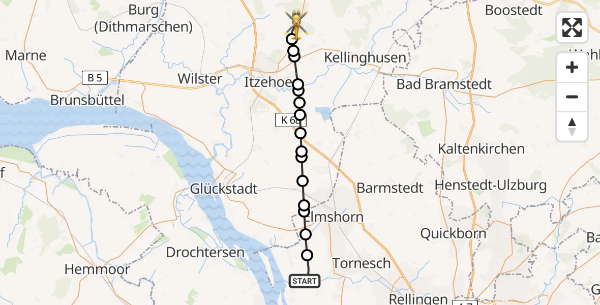 Flugroute Rettungshubschrauber Neuendeich - Itzehoe Hungriger Wolf Flugplatz, 28 April 2026, 18:41