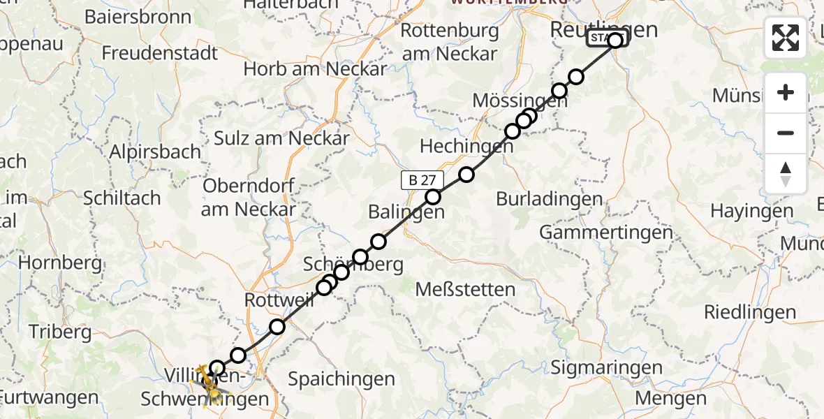 Flugroute Rettungshubschrauber Reutlingen - DRF Air Rescue Station Villingen-Schwenningen Hubschrauberlandeplatz (Christoph 11), 28 April 2026, 18:42