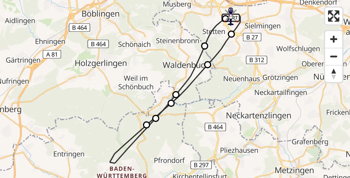 Flugroute Polizeihubschrauber Flughafen Stuttgart - Flughafen Stuttgart, 28 April 2026, 18:45