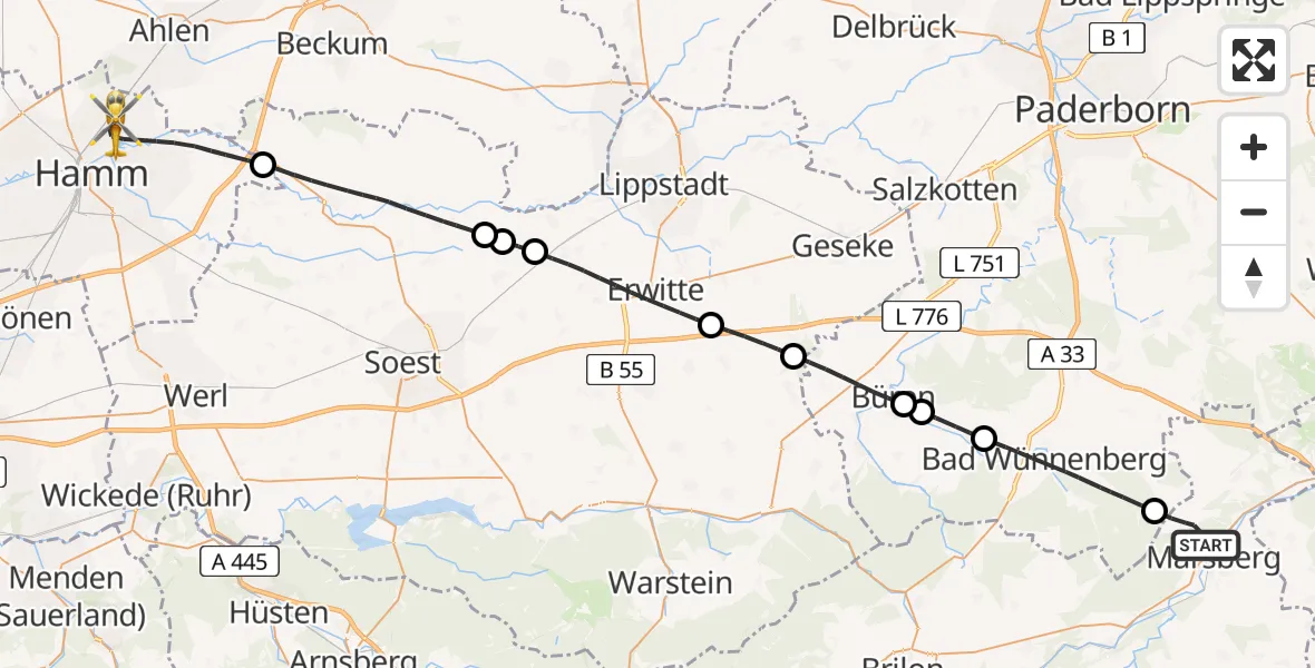 Flugroute Rettungshubschrauber Marsberg - Hamm, 28 April 2026, 18:45