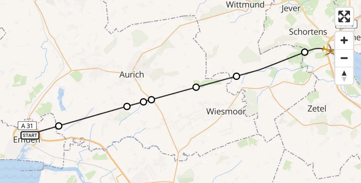 Flugroute Rettungshubschrauber Emden - Sande, 28 April 2026, 18:55