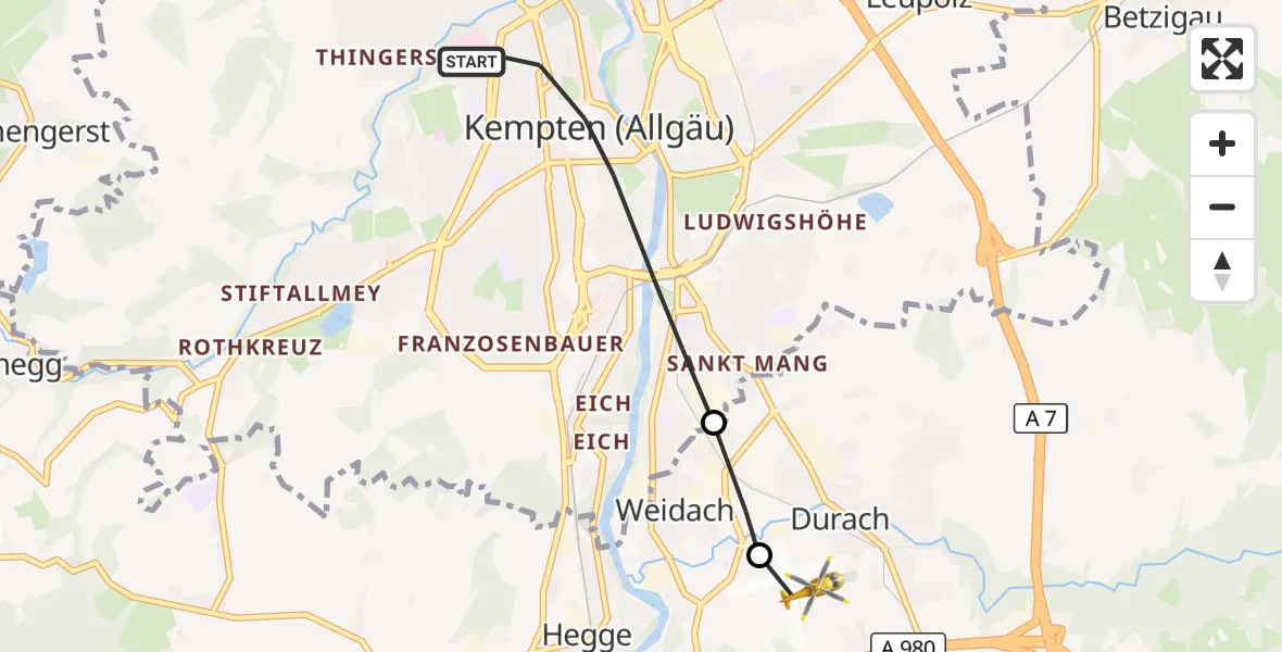 Flugroute Rettungshubschrauber Kempten (Allgäu) - Kempten-Durach Flugplatz, 28 April 2026, 19:04