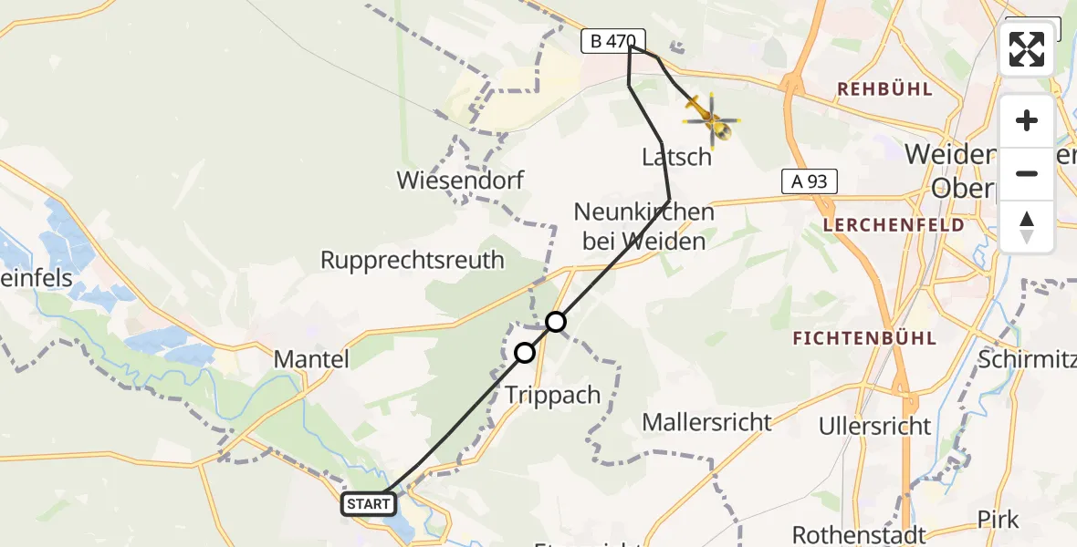 Flugroute Rettungshubschrauber Mantel - Weiden in der Oberpfalz Flugplatz, 28 April 2026, 19:19