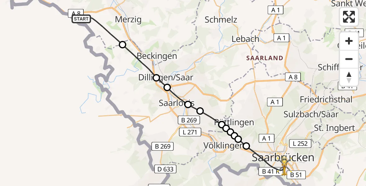 Flugroute Rettungshubschrauber Merzig - Saarbrücken, 28 April 2026, 19:38