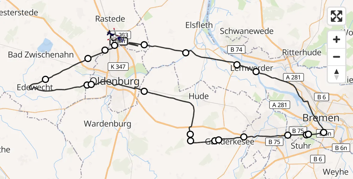Flugroute Polizeihubschrauber Rastede - Oldenburg Police Hubschrauberlandeplatz, 28 April 2026, 20:07