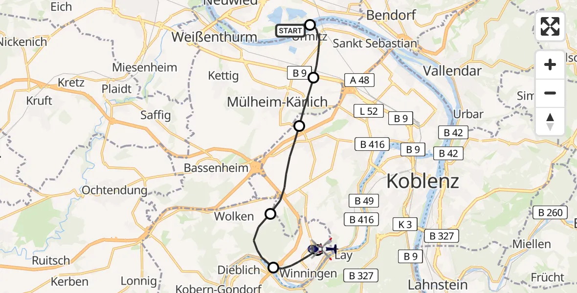 Flugroute Polizeihubschrauber Neuwied - Koblenz-Winningen Flugplatz, 28 April 2026, 20:23