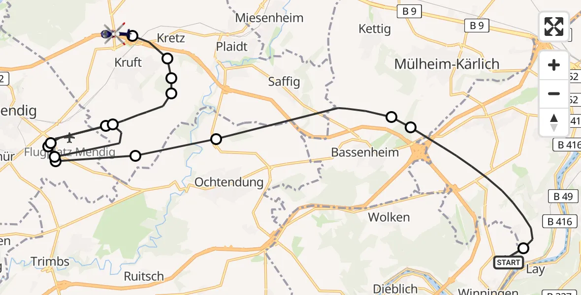 Flugroute Polizeihubschrauber Koblenz-Winningen Flugplatz - Nickenich, 28 April 2026, 20:39