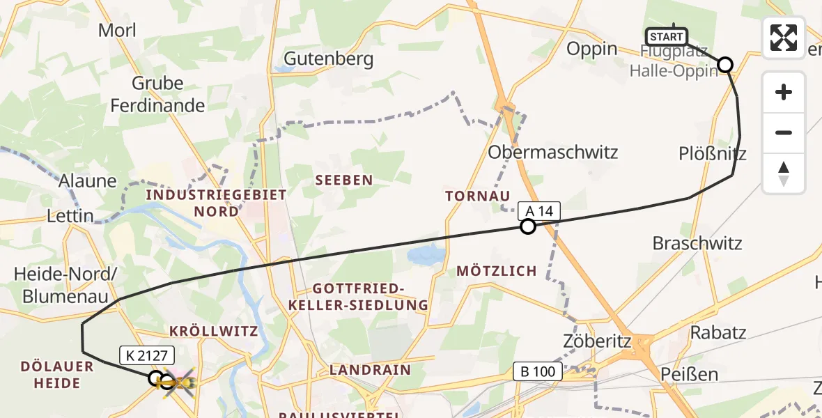 Flugroute Ambulanzhubschrauber Halle-Oppin Flugplatz - Halle (Saale) University Hospital, 28 April 2026, 20:45