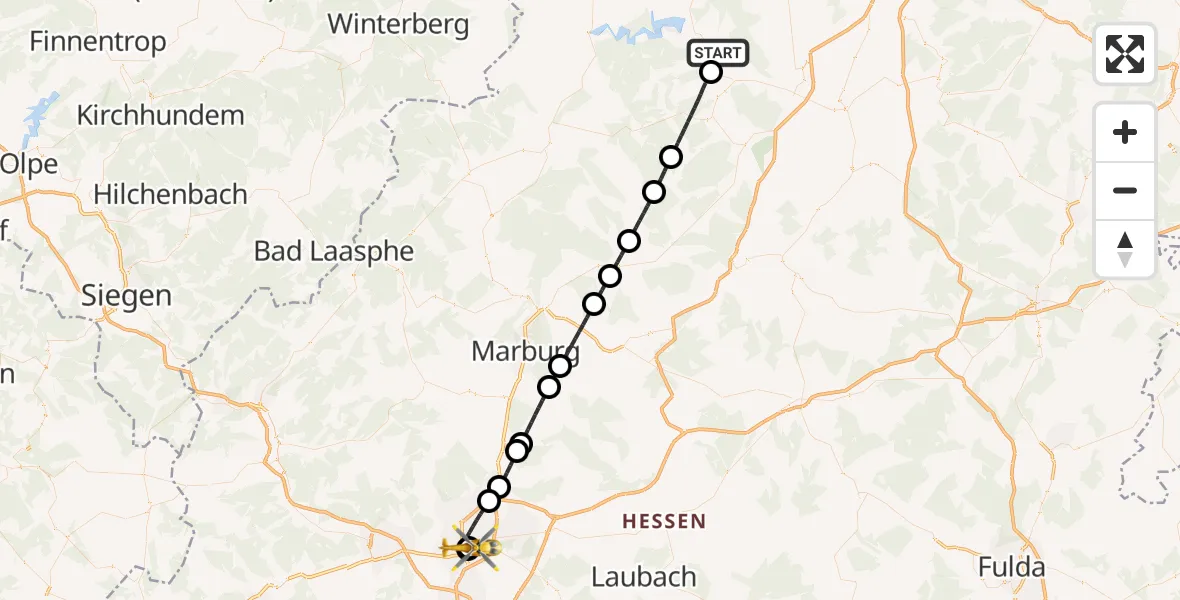 Flugroute Rettungshubschrauber Edertal - Gießen University Hospital, 28 April 2026, 20:57